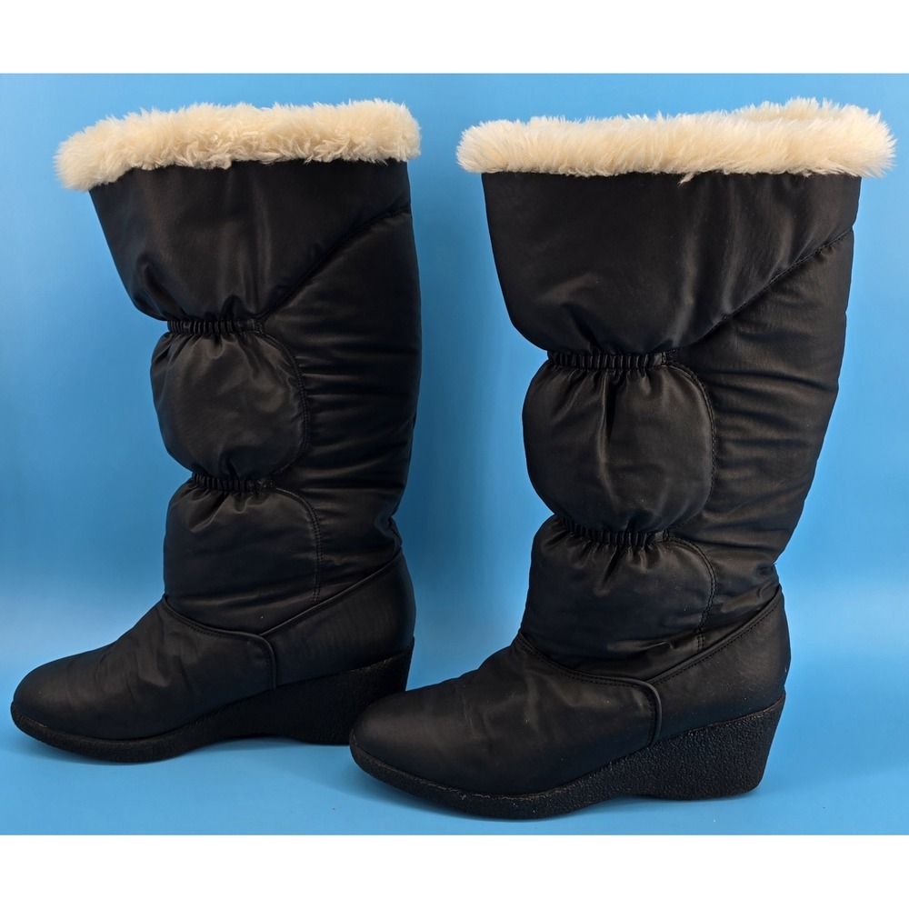 Vtg Y2K Town Country Winter Boots Sz 7.5 Black‎ Puffer Wedge Pull On Faux Fur